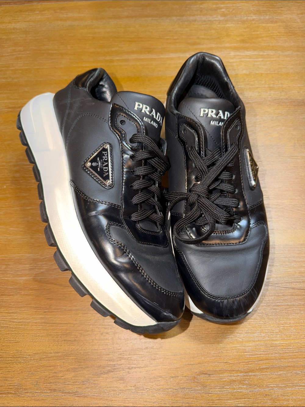Prada Black Leather Men’s Sneakers with White Platform